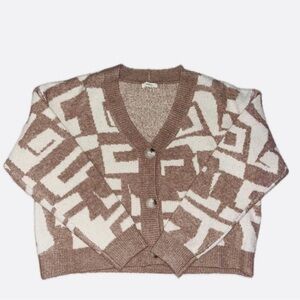 Geometric Cropped Cardigan Button Down V-Neck Sweater - Size Medium